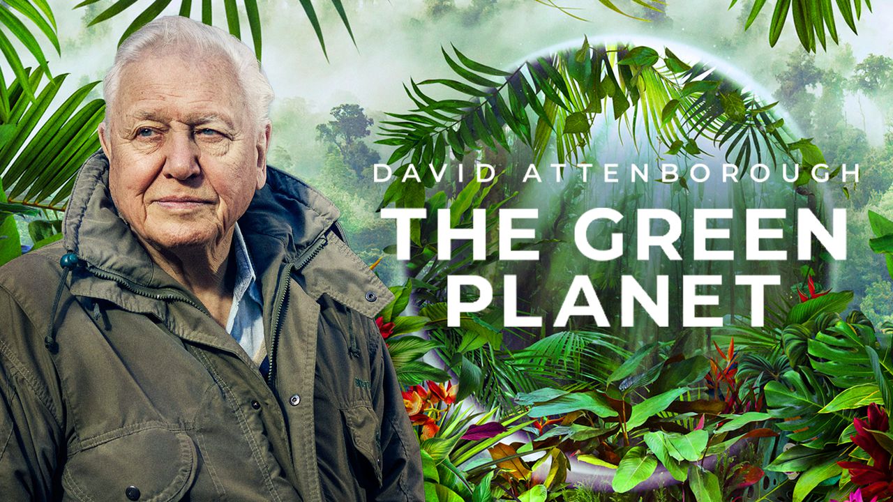 Lush greenery behind David Attenborough with The Green Planet text overlaying 